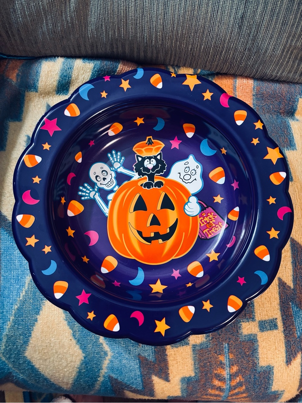 Vintage Ullman Trick or Treat Halloween Candy Bowl Ghost Skeleton Cat Pumpkin